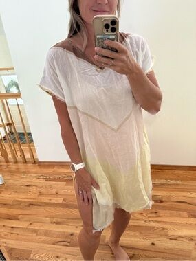 Billabong Sheer Ombre Short Sleeve Coverup in White, Pale Yellow & Taupe